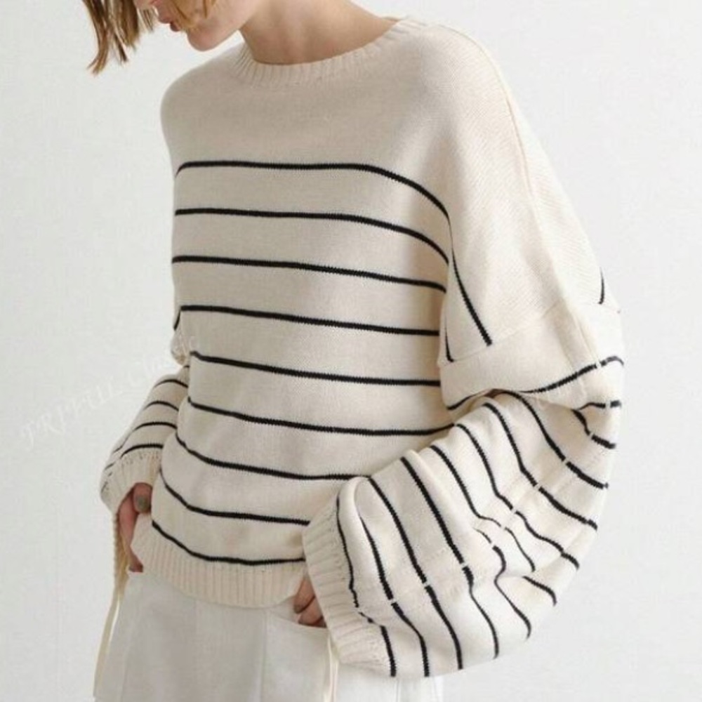 Sweater casual Striped Cream women’s stylish M S L - Picture 2 of 5
